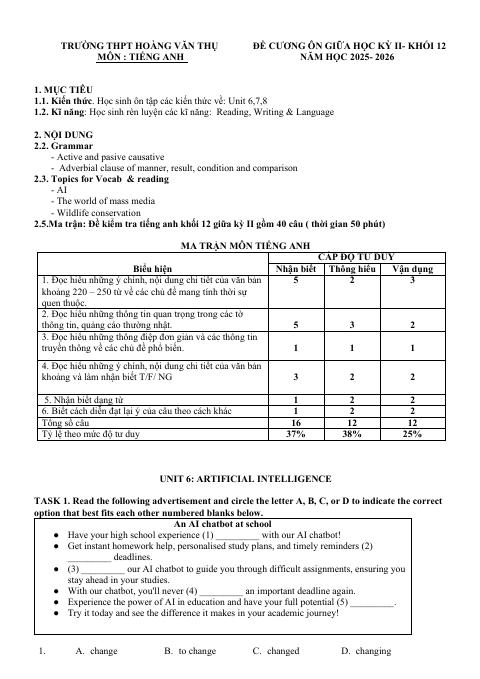 Đề cương ôn tập Giữa kì 2 Tiếng Anh 12 năm 2025–2026 trường THPT Hoàng Văn Thụ (Hà Nội)